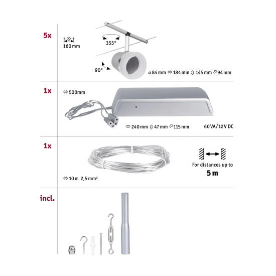 Cable system 5x10W GU5,3 matt chrome CONE BASIC