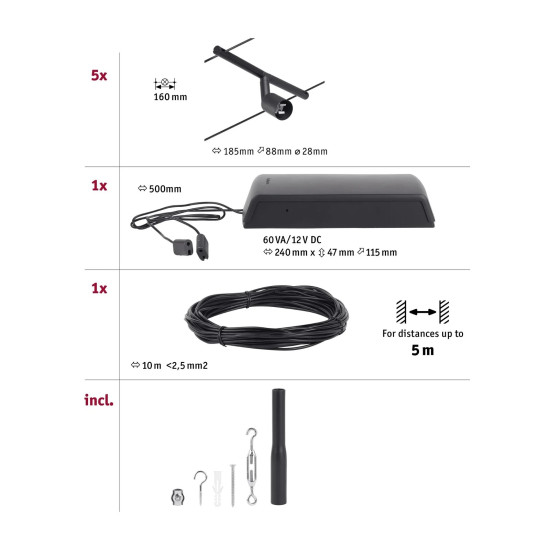 Wire system GU5,3 5x10W Matt black/Chrome SALT