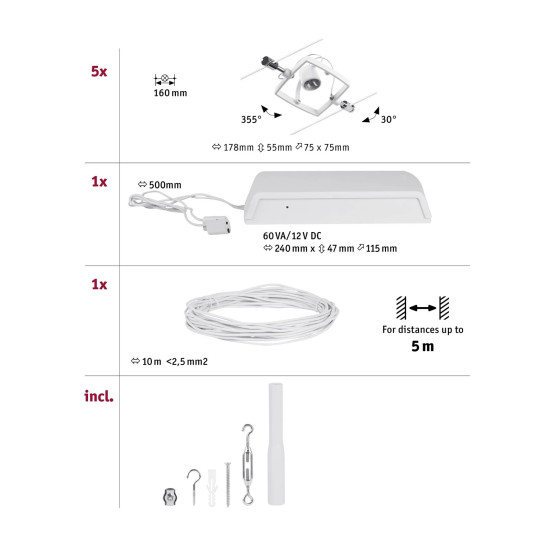 Wire system set 5x10W white  matt MAC II